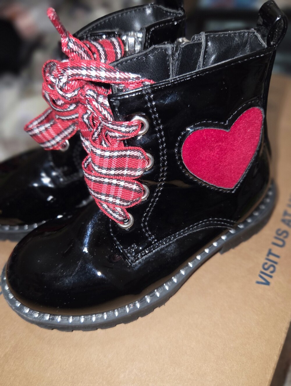 Tahari Black Patent Kids Boots with Red Heart and Red Plaid Laces - Picture 1 of 5